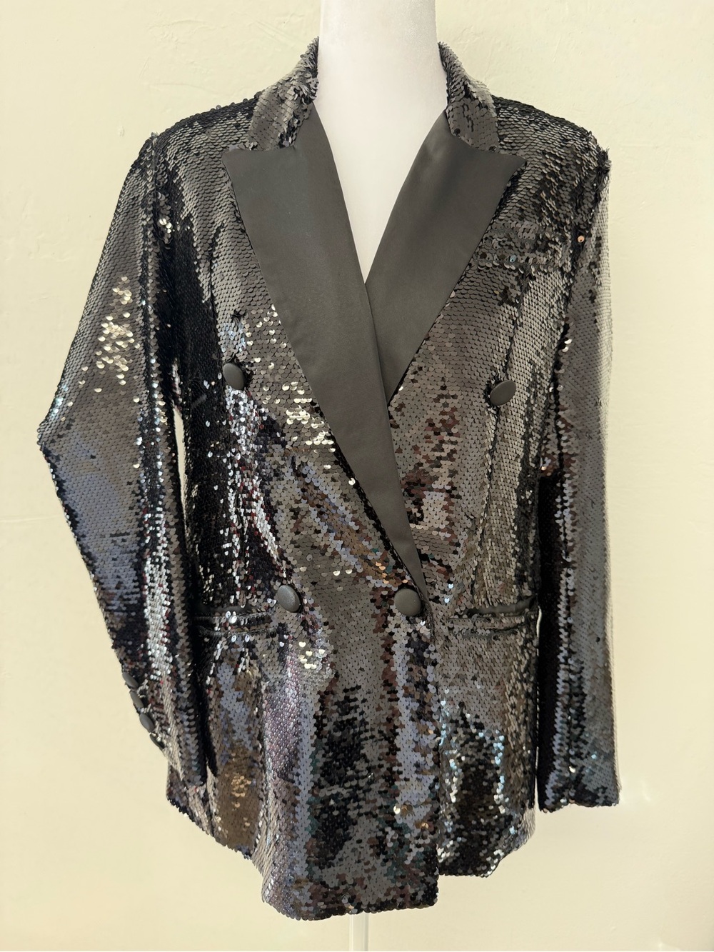 Black Sequin Double-Breasted Blazer with Satin Lapels